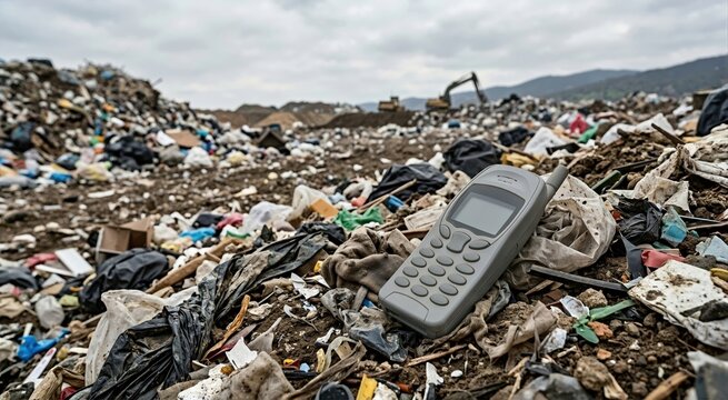 Obsolete mobile phone discarded in a large garbage landfill. Electronic waste and environmental pollution concept. Heavy machinery working on trash piles in the background