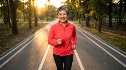 Obraz premium Happy Asian senior woman running for fitness outdoors on a park track, active lifestyle and healthy aging at sunset