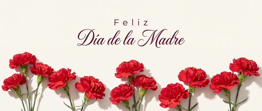Spanish Mothers Day banner red carnations floral border template, elegant calligraphy script Feliz Dia de la Madre greeting card graphic design on beige backdrop with copy space in a panoramic layout.