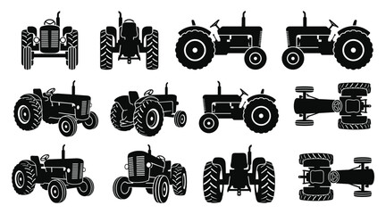 Vintage Classic Farm Tractor Silhouette Set — Retro Agricultural Vehicle Vector Icons in Multiple Views  © selena