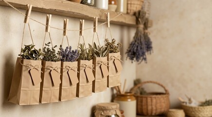 Obraz premium Dried herbs in brown paper bags hanging on twine with wooden clothespins. Rustic eco-friendly kitchen storage and natural preservation concept