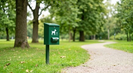 Naklejka premium Green metal dog waste bin with bag dispenser in public park. Pet sanitation station next to gravel walking path. Responsible pet ownership concept
