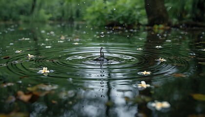 Fototapeta premium Macro nature photography of fresh rain droplets striking a still forest pond, each impact forming expanding circular ripples across the water surface, mirrored reflections of dense green foliage 