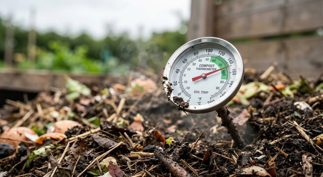 Close up of a compost thermometer measuring the temperature of an active organic soil pile. Sustainable gardening and ecology concept