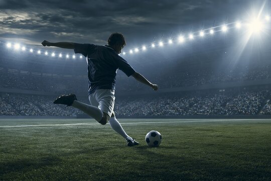 夜のスタジアムで白熱の試合を繰り広げる男性サッカー選手