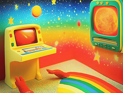 Retro futuristic office with vintage computer terminal and cosmic sky