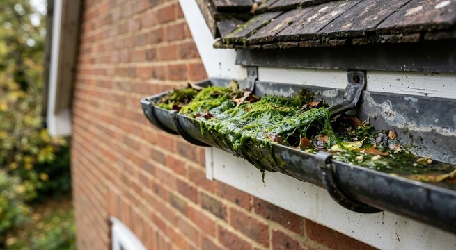 Close up of a black rain gutter clogged with thick green algae and dead leaves. Overgrown moss blocking drainage on a brick house exterior. Home maintenance and ecology concept