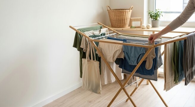 Person hanging clothes on a wooden indoor drying rack. Sustainable laundry routine in a bright minimalist room. Energy saving ecology concept