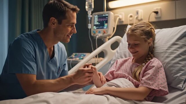 Medium close two-shot of male healthcare professional in blue scrubs leaning toward young female patient lying in hospital bed wearing pink patterned gown, clinician clasping child's hands