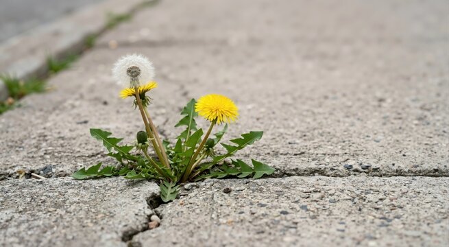 Yellow dandelion flowers and seed head growing through a crack in a concrete sidewalk. Urban ecology and nature resilience concept