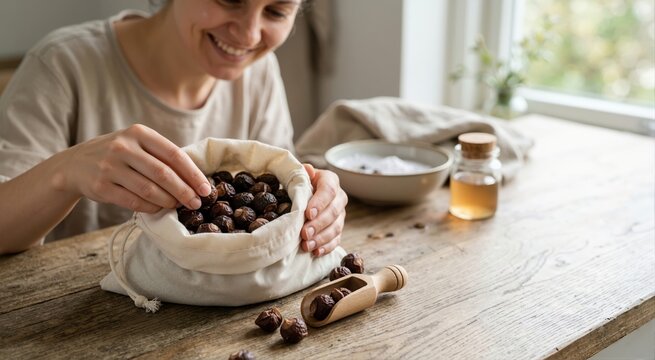 Smiling woman holding a cotton bag of natural soapnuts at a wooden table. Eco friendly zero waste laundry and sustainable household cleaning concept