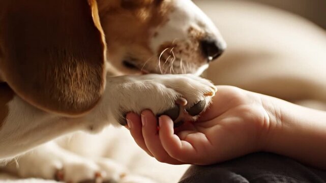 Tight closeup shows light brown and white dog front paw gently held in open human palm, with snout, whiskers, and floppy ear visible, conveying calm bonding, warmth, and reassurance indoors