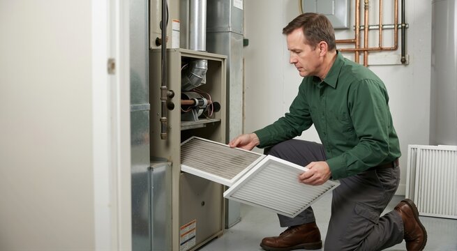 Man changing a dirty air filter in a home HVAC system. Male homeowner replacing a dusty furnace filter with a clean white one in a utility room. Indoor air quality maintenance