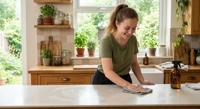 Smiling young woman wiping a white kitchen counter with a reusable cloth. Eco friendly household cleaning and zero waste lifestyle concept. Amber glass spray bottle and wooden cabinets in background