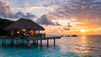 Obraz premium Overwater bungalow at sunset with calm ocean view