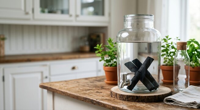 Natural binchotan charcoal sticks in a glass water dispenser. Eco-friendly and zero waste traditional Japanese water purification method