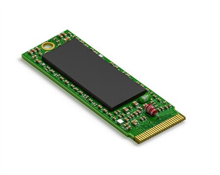 Green circuit board with black rectangular chip, gold pins, and red component.