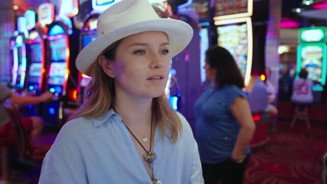Young woman wearing white straw hat and light blue shirt stands in casino surrounded by colorful slot machines and neon lights. She looks around the gaming floor with curious expression.