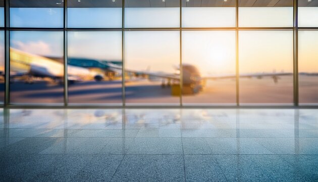 blurred background of a modern airport hall check in counter airplanes outside the window departure lounge arrival travel architecture out of focus photo copy space bokeh