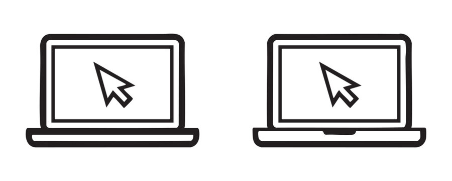 Laptop cursor arrow on screen icon vector set showing notebook computer with mouse pointer interface.