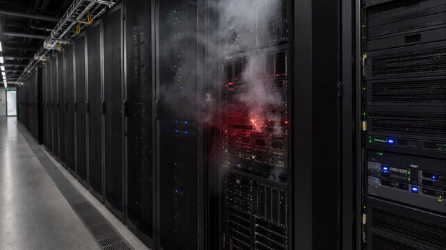 A burning server rack in a data center. Network equipment failure and the risk of a cybersecurity breach at an industrial facility.

