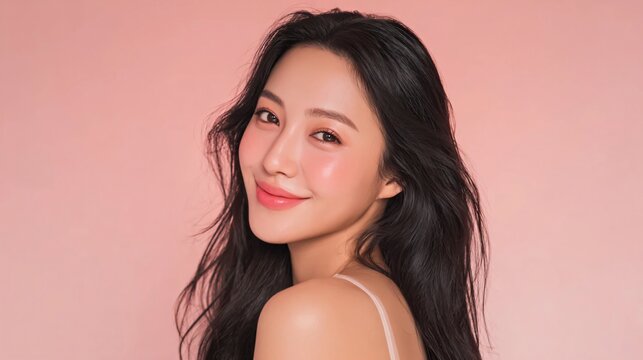 Beautiful young woman with glowing skin and long wavy black hair smiling against a soft pink background for beauty and skincare concepts