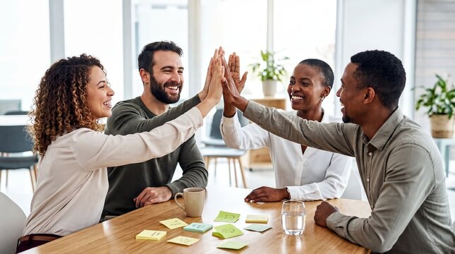 team collaboration, a diverse business team enthusiastically high-fives over a cluttered table
