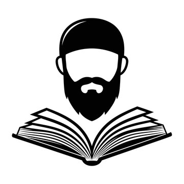 Vector illustration of a bearded man with a skullcap reading an open book, symbolizing knowledge, education, study, and religious scholarship