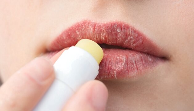 Woman applying lip balm to dry cracked lips for hydration and relief from chapping