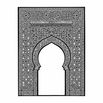 Traditional islamic architectural arch design with intricate geometric patterns and arabic calligraphy, vector illustration