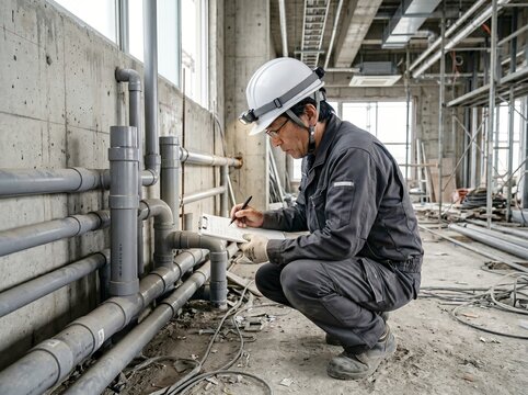 建設現場でしゃがみ込んで配管設備を点検する日本人男性