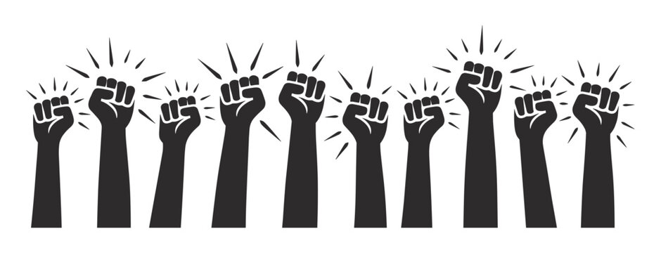 Raised Fists Symbolizing Protest: A powerful visual representation of solidarity and resistance, featuring a series of raised fists against a backdrop of radiant bursts.