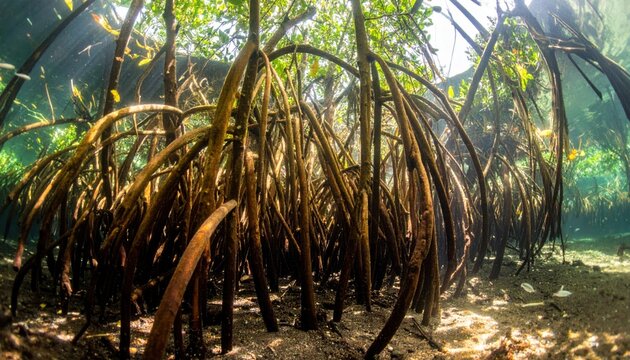 Dense Mangrove Forest Featuring Intertwining Aerial Roots Creating a Natural Tangle Ecosystem