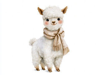 Obraz premium adorable cartoon alpaca with fluffy cream wool, large sparkling eyes, sweet smile, rounded body, smooth gradients, whimsical children’s illustration, commercial stock illustration quality, isolated