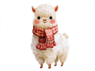 Obraz premium cartoon alpaca with fluffy cream wool, large sparkling eyes, sweet smile, rounded body, smooth gradients, whimsical children’s illustration, commercial stock illustration quality, isolated 