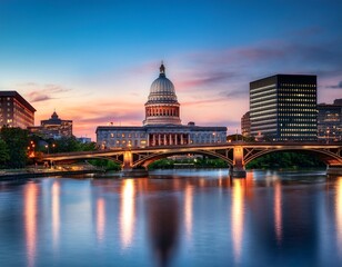 Obraz premium dusk view of a city skyline featuring a state capitol building and bridge over water