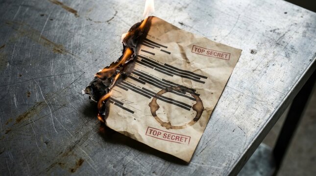 Burnt Top Secret Document: A Close-Up of a Partially Destroyed Paper with Redacted Lines and Charred Edges on a Metallic Surface