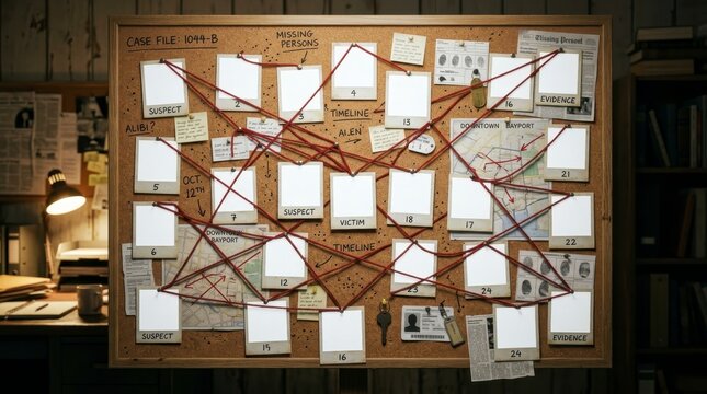An Intricate Investigation Board Featuring Evidence, Timelines, and Connections Among Missing Persons in a Mysterious Case File: Unraveling Secrets and Suspects