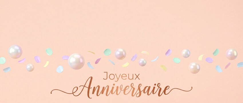 Joyeux Anniversaire French birthday banner with pearls and confetti floating on a soft peach background, elegant calligraphy script typography header design for minimalist luxury birthday celebration
