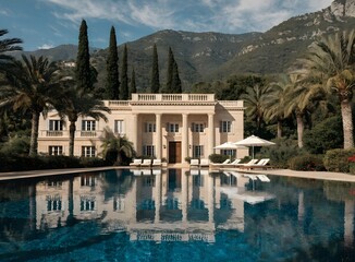 Obraz premium Elegant villa with pool reflecting grand building in lush green mountain scenery