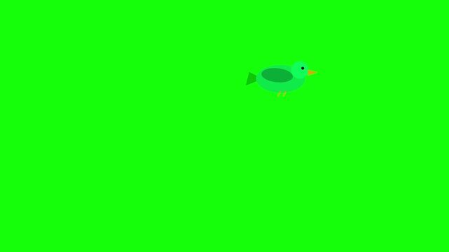 Green bird character flying across the screen in a simple 2d animation video motion loop