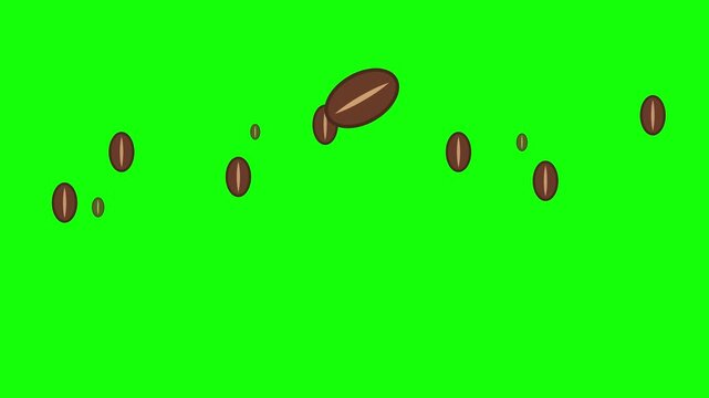 Coffee beans float against a vibrant green chroma key background to facilitate easy compositing.