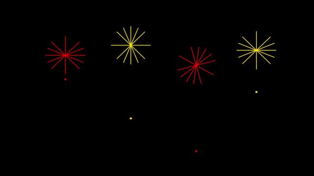 Minimalist fireworks display animation featuring bright red and yellow starbursts against a solid black motion footage