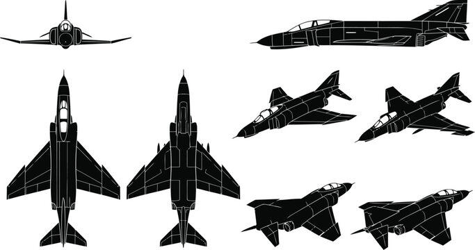 F-4 Phantom II Fighter Jet Aircraft Silhouette Vector Set