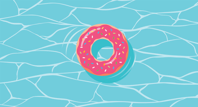Inflatable pink donut pool float in sparkling water with inflatable swimming refreshing vacation relaxation sunlight recreation turquoise activity lifestyle