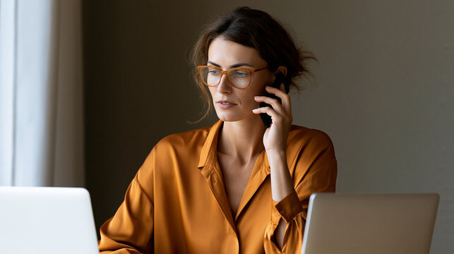 Busy female professional making a mobile phone call during remote work, multitasking freelancer concept, with copy space