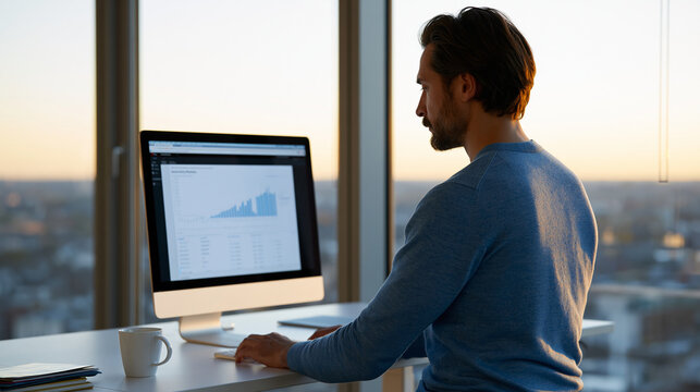 Professional man working at a standing desk with large monitor displaying business analytics, modern office with city view window, remote work concept, with copy space