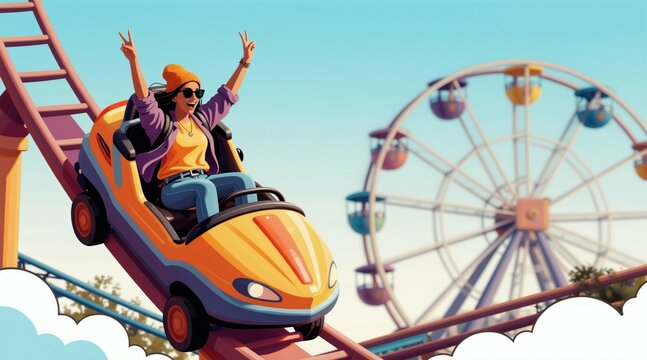 Woman rides roller coaster, raises hands in joy. Amusement park Ferris wheel in background, sunny day. Thrill fun adventure, happy vacation trip.