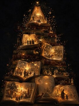 Ein aussergew&ouml;hnlicher Weihnachtsbaum aus gestapelten B&uuml;chern, ge&ouml;ffneten Seiten und leuchtenden Miniaturwelten, in denen nostalgische Wintergeschichten und Figuren lebendig werden.