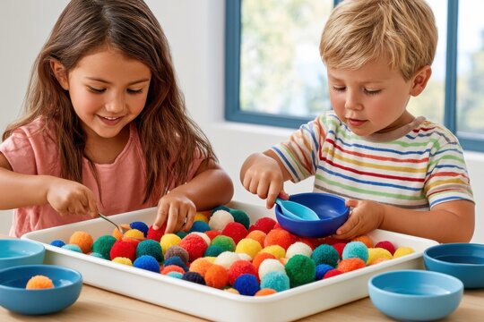Two children playing with colorful pom-pom sensory tray, sharing scoops and bowls at a table
